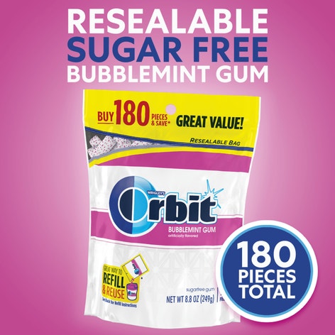 ORBIT Bubblemint Sugarfree Chewing Gum, 180-Piece Resealable Bag