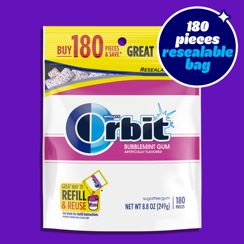 ORBIT Bubblemint Sugarfree Chewing Gum, 180-Piece Resealable Bag