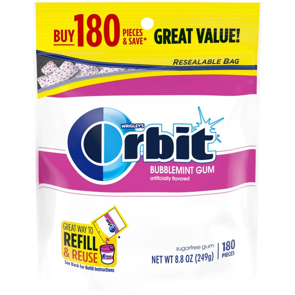 ORBIT Bubblemint Sugarfree Chewing Gum, 180-Piece Resealable Bag