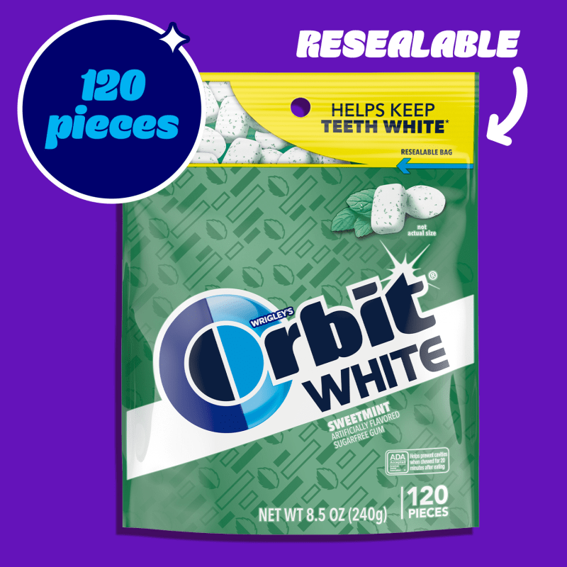 ORBIT WHITE Sweet Mint Sugar Free Soft Chew ADA Approved Chewing Gum, 120 Ct Resealable Bag